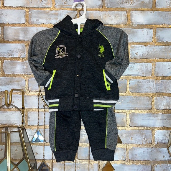 U.S. Polo Assn. Gray & Lime Green 2 Piece Hooded Tracksuit, Toddler Sz. 24 Mos. - Picture 3 of 8